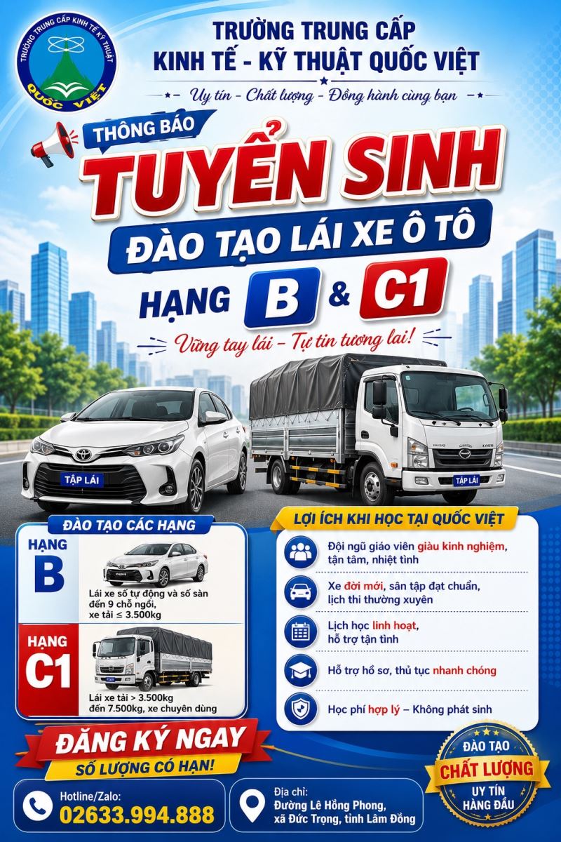 TB TUYỂN SINH ĐÀO TẠO LÁI XE HẠNG B VÀ C1