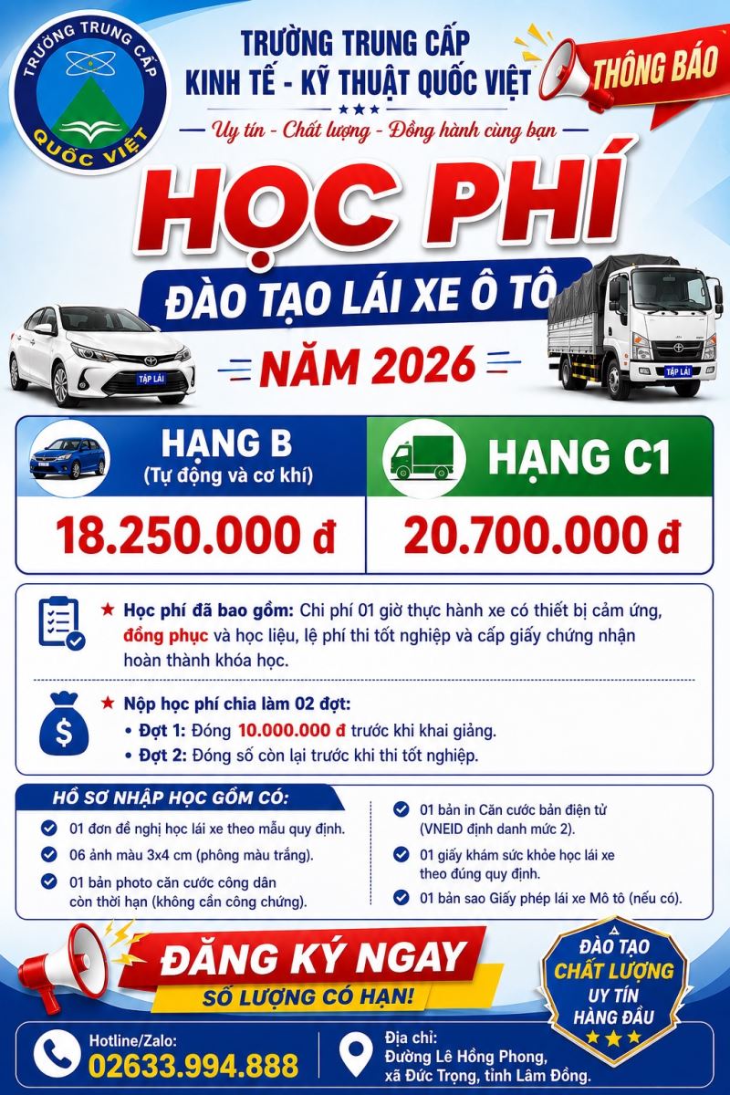 TB MỨC THU HỌC PHÍ ĐÀO TẠO LÁI XE HẠNG B VÀ C1 NĂM 2026